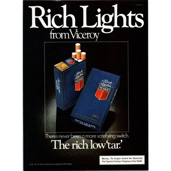 1980 Viceroy Rich Lights Cigarettes Vintage Print Ad Blue Box 80s Wall Art - Picture 1 of 2